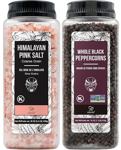 Soeos Pink Salt 39 Oz + Black Peppercorns 18oz, Coarse Grain, 2 Set | Pink Salt for Grinder Refill, Salt and Pepper Grinder, Non-GMO Verified, Spice Set - Image 1
