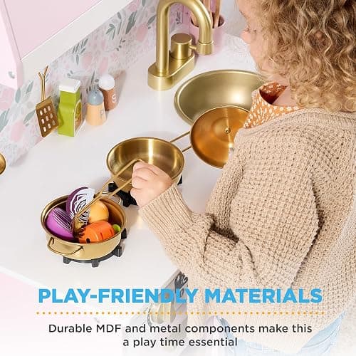 Best Choice Products Toddler Kitchen Playset, Wooden Cottage Kids Play Kitchen with 5 Accessories, Toy Storage, Scalloped Edge, and Pretend Play Microwave, Oven, Clicking Knobs - Pink thumbnail 8