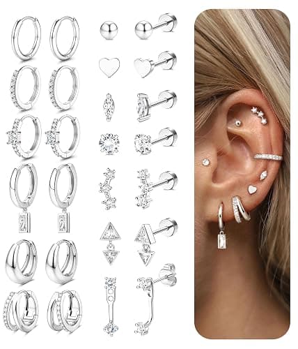 Dochais 13 Pairs 14K Gold Silver Earring Set for Women Hypoallergenic 316L Surgical Steel Stud Hoop Flat Back Cartilage Earrings for Multiple Piercings Dainty Huggie Jewelry thumbnail 8
