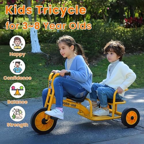 WOGDKS Kids Tricycle for Ages 3-8, Double Kids Trike with Passenger Seat | Preschool Tricycles Ages 3-5, Airless Rubber Tires, Adjustable Seat, Carbon Steel Frame, Gift for Boys Girls Ages 3-8 thumbnail 2
