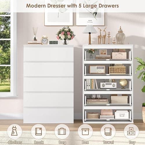 FOTOSOK White Dresser, 5 Drawer Dresser Tall White Dresser with Large Storage Space, Modern Storage Chest of Drawers, 23.6L x 17.6W x 39.1H Inch Storage Organizer Cabinet for Home, White thumbnail 6