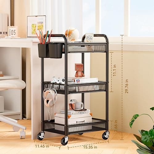 YASONIC 3 Tier Rolling Cart – Metal Utility Storage Carts with Wheels, Craft Cart Organizer with Hanging Cups, Hooks, Mesh Basket for Bedside Kitchen Office Art, Black thumbnail 2