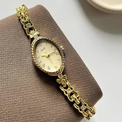 CARLIEN Fashion Vintage Gold Oval Quartz Watches for Women - Alloy Steel Band Slim Bracelet - Roman Numerals Numbers - Dainty Elegant Dress Wristwatch Waterproof thumbnail 2