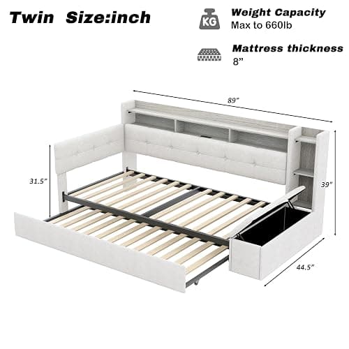 Upholstered Corner Day Bed Frame with Trundle, Footstool and Drawers, Beige | Modern floor upholstery daybed with l shape button tufted headboard, bookshelf, charging station and LED light thumbnail 2