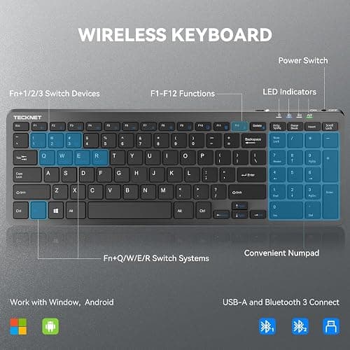 TECKNET Wireless Bluetooth Keyboard Rechargeable - Ultra Slim 2.4G+BT Keyboard with Number Pad, Low Profile Compact Silent Keyboards for Laptop, Computer, PC, Tablet, Multi Devices Easy Switch thumbnail 4