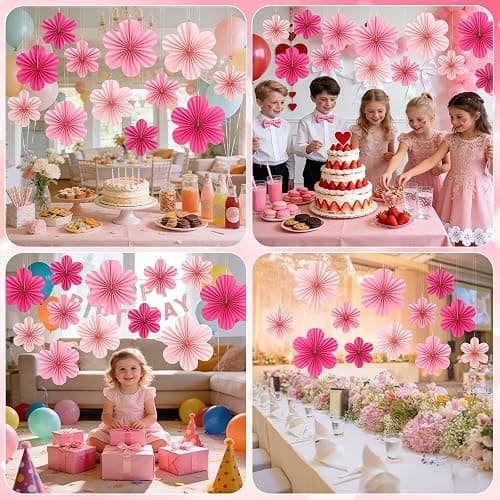 JULBEAR 12pcs Pink Paper Flowers Fans, Paper Fans Hanging Ornaments, Paper Flowers Decorations for Wall, Paper Fans Party Decorations for Spring Wedding Baby Shower thumbnail 7