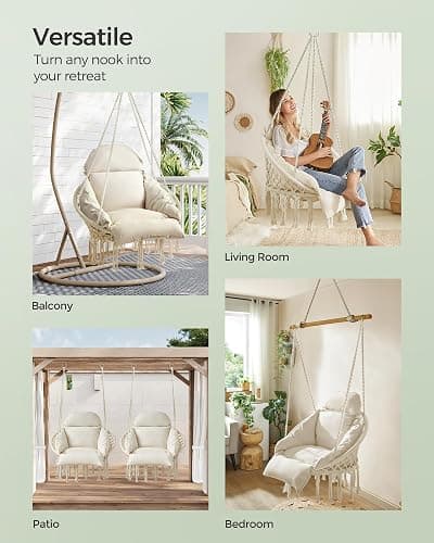 SONGMICS Hanging Chair, Boho Swing Chair with Large, Thick Cushion | Hammock Chair, Holds up to 264 lb, Accessories Included, Cream White, SOGNIA Collection, UGDC042M01V3 thumbnail 5