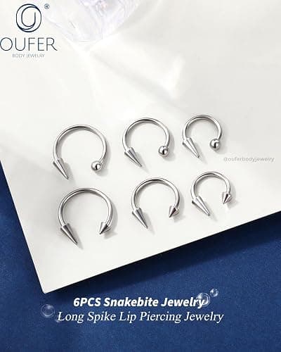 OUFER Snake Bites Lip Piercing Jewelry 16G Lip Rings, 6PCS 8/10/12MM Horseshoe Long Short Spike/Ball Labret Rings, 316L Surgical Steel Septum Helix Conch Piercing Jewelry thumbnail 3