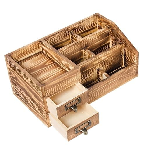 Liry Products Rustic Wooden Desktop Organizer Office Supplies Brown Tabletop Storage Cabinet Stepped Rack Multiple Compartments 2 Tier Drawers Makeup Accessory Jewelry Sorter Display Box Home Office thumbnail 5