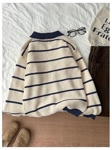 Floerns Women's Collared Striped Sweaters Preppy Oversized Knit Fall Pullover Sweater thumbnail 2