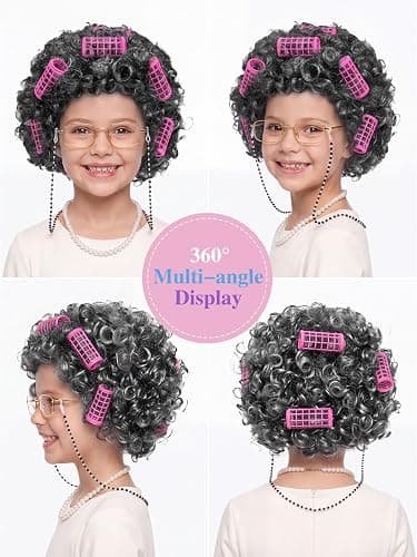 URATOT 5 Pieces Halloween Old Lady Wig Costume Set Grandma Wig Hair Rollers Glasses Chain Necklace Bracelet thumbnail 2