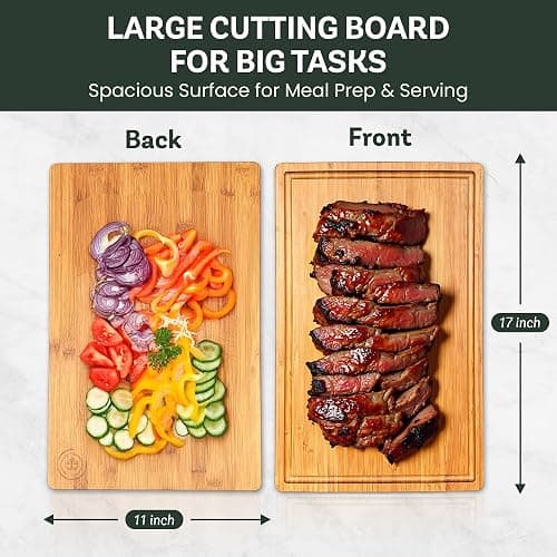 Large Bamboo Cutting Board - 17” Wooden Chopping Block for Kitchen, Charcuterie & Cheese Board with Side Handles and Deep Juice Groove by Bambüsi thumbnail 2