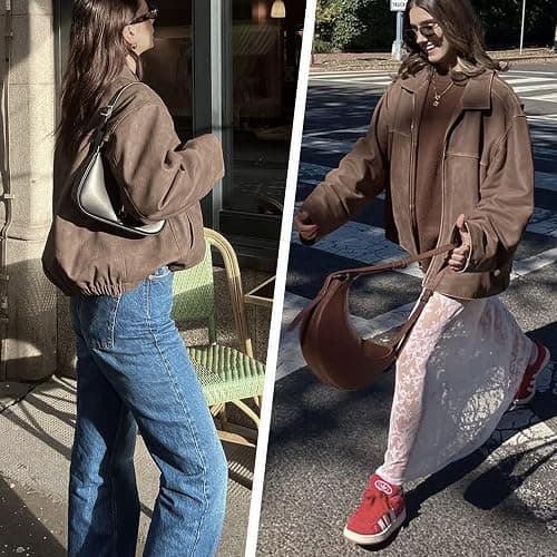 Xunger Women's Faux Suede Bomber Jacket Spring Lapel Pilot Coat Casual Oversized Long Sleeves Trendy Streetwear Outerwear thumbnail 4