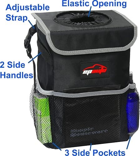 EPAuto Waterproof Car Trash Can with Lid and Storage Pockets, 2.5 Gallon, Black thumbnail 4