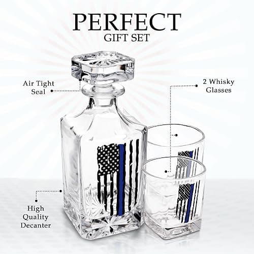 Rogue River Tactical Blue Line Tattered Flag Police Officer Whiskey Decanter Gift Set With 2 Glasses Custom Gift For Men Dad Father's Day PD Police Officer thumbnail 5
