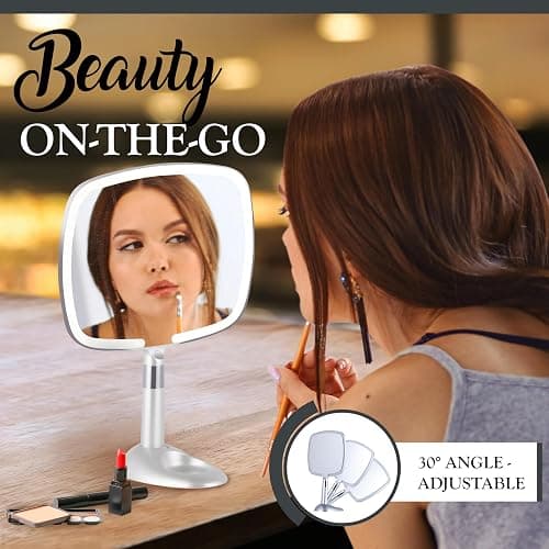 MIRRORVANA Lighted Travel Handheld Mirror - 2-in-1 Table & Hand Mirror with 3 Lighting Modes, Detachable Stand, and Comfy Handle for Make Up & Skin Care Application - 13" x 9" (Shiny Silver) - Silver thumbnail 4
