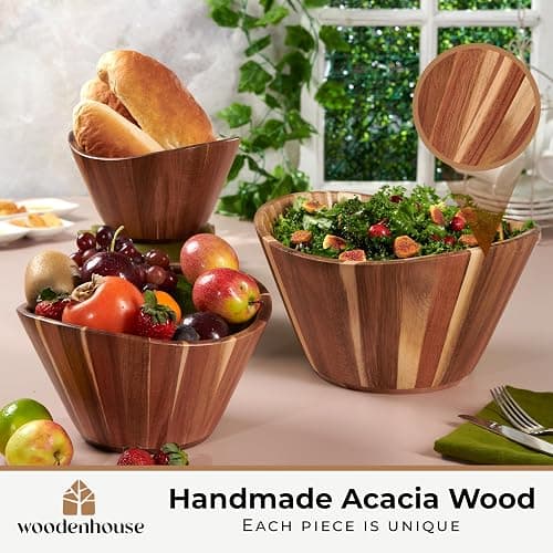 Wooden Salad Bowl Set, Wooden Bowls Set of 3 - Wavy Design Salad Bowl Set for Serving, Handmade, Durable and Stylish Natural Wood Dining Accessory by Woodenhouse - Set of 3 thumbnail 2