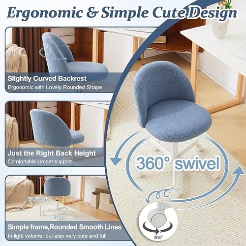 VINGLI Cute Candy Chair Armless Comfy Small Office Desk Vanity Chair with Wheels & Lumbar Support,Teddy Adjustable Rolling Swivel Computer Task Ch for Home Office,Bedroom,Fog Blue thumbnail 5