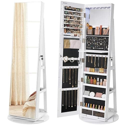SONGMICS 6 LEDs Mirror Jewelry Cabinet Organizer, 360° Swivel, Lockable | Frameless Full-Length Mirror with Storage, Jewelry Armoire, 3 Storage Shelves, White Surface, Black Lining UJJC007W01 - Image 1