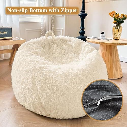 XeGe Fluffy Stuffed Animal Storage Bean Bag Chair Cover(No Filler), Faux Fur Washable Ultra Soft Bean Bag Cover for Plush Toys or Textile, Plush Shaggy Large Bean Bag for Adults Kids Teens, Beige thumbnail 4