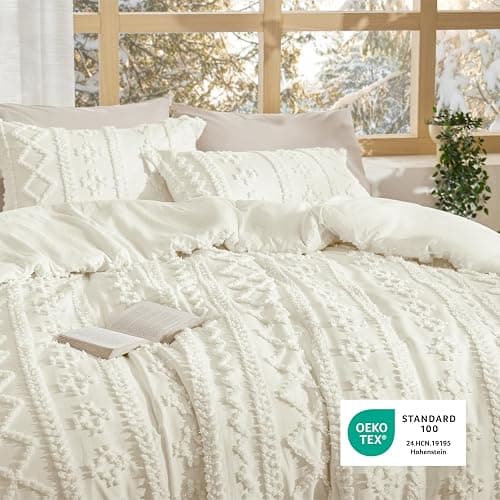 Bedsure Tufted Boho Comforter Set Queen Size - White Boho Bed Set, GentleSoft™ 3 Pieces Farmhouse-Style Embroidery Bedding, Gifts for Woman, Soft Jacquard Kids' Queen Comforter for All Seasons thumbnail 6