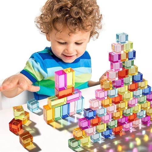 30 Pcs Mixed Acrylic Blocks Set - 10 Long (2.5x2.5x5CM) + 20 Cube (2.5x2.5x2.5CM) Rainbow Gem Blocks, Sensory Stacking Toy for 1 2 3 4 Years Old, Boys Girls Gift with Rich Building Possibilities thumbnail 2