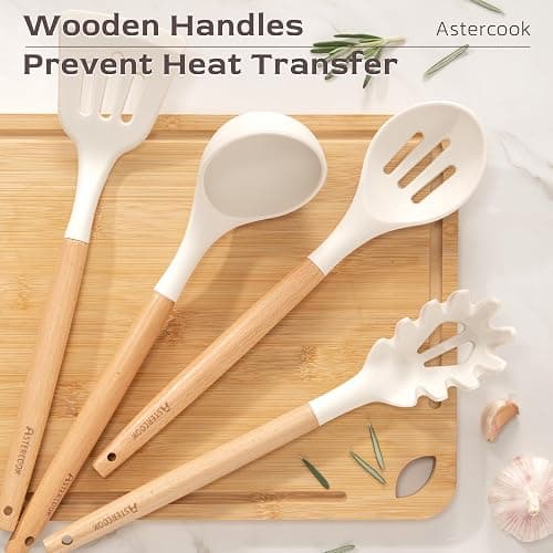 Astercook Kitchen Utensils set, 39 PCS Silicone Cooking Utensils Set with Wooden Handle, 446°F Heat Resistant Food Grade Utensil Sets, BPA Free Kitchen Gadgets Tools Set for Nonstick Cookware (Cream) thumbnail 5