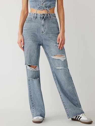 CIDER Women’s Ripped Jeans High Waisted Distressed Baggy Straight Wide Leg Pants thumbnail 7