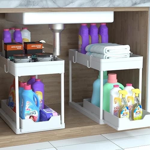 DEKAVA Cabinet, 2 Pack Under Sink Organizer, 2 Tier Sliding Bathroom Kitchen Organizer, Large White ABS Baskets, Easy Install & Clean thumbnail 7