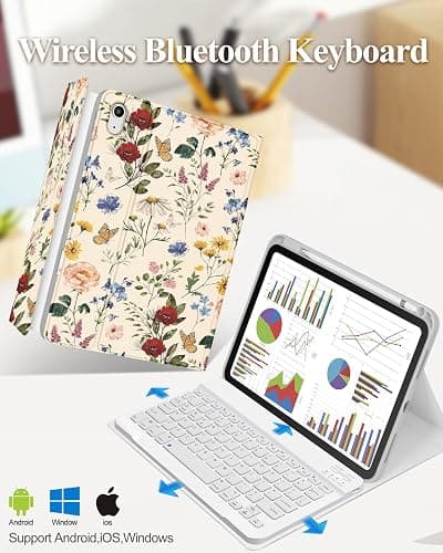 Wazzasoft for iPad 10th Generation Case with Keyboard - for iPad A16 Cases Pencil Holder 10.9 Inch Cover Women Girls Cute Girly Floral Flower Design Funda for Apple Tablet 10th/11th gen thumbnail 6