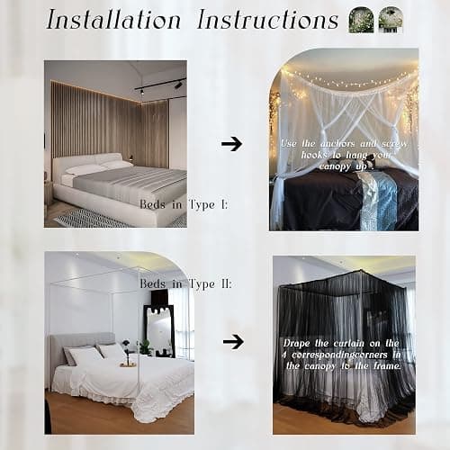 Vpory Canopy Bed Curtains - 4 Corners Post Bed Canopy Curtains for Girls & Adults, Bed Princess Bed Canopy Mosquito Net Bedroom Decoration Accessories - Black, Twin Size thumbnail 5