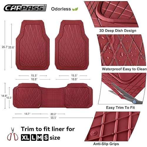 CAR PASS Heavy Duty Rubber Car Floor Mats, Waterproof Universal Trim-to-Fit Car Mats All Weather Floor Mats for SUV Truck Sedan, Premium Auto Floor Mats Full Set 3 Piece Anti-Slip, All Burgundy Red thumbnail 4