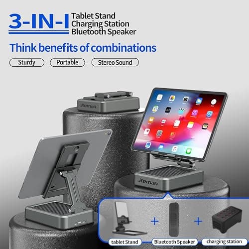 Jteman Wireless Bluetooth Speaker Tablet Stand, Adjustable with Bluetooth Speakers,Gifts for Women Men,Kitchen Gadget for Men,Compatible with Phones and Tablet (4.0-12.9'') - Graphite thumbnail 2