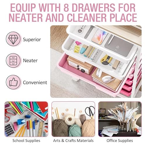 Rolling Cart with Drawers, Pink Cart with 8 Plastic Drawer Storage and Wooden Tabletop, Craft Storage, Teacher Cart, Storage Cart on Wheels, Rose Pink thumbnail 4