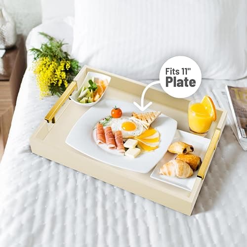 ATZYmolin Leather Serving Tray with Gold Polished Metal Handles, Home Decorative Wooden Rectangle Ottoman Decor Platter Bathroom Vanity Tray for All Occasions White - White thumbnail 4