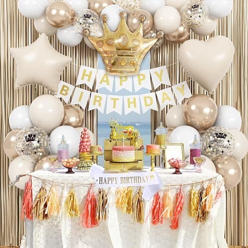 White & Gold Birthday Decor - Cream Champagne Gold Balloons, Banner, Foil Balloons, Fringe Curtain for Boho Party Supplies thumbnail 7