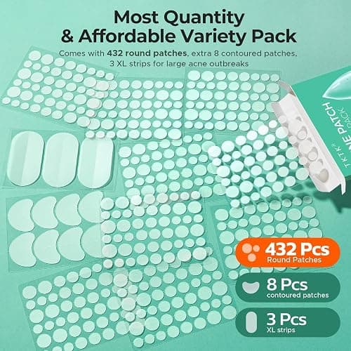 TKTK 443 Count Pimple Patches for Face, Hydrocolloid Spot Stickers, 5 Sizes | Clear Spot Patch for Cheeks, Forehead, Chin Blemishes Zit & Breakouts, All Skin Types, Dots, Strips, Contoured Variety Pack thumbnail 2