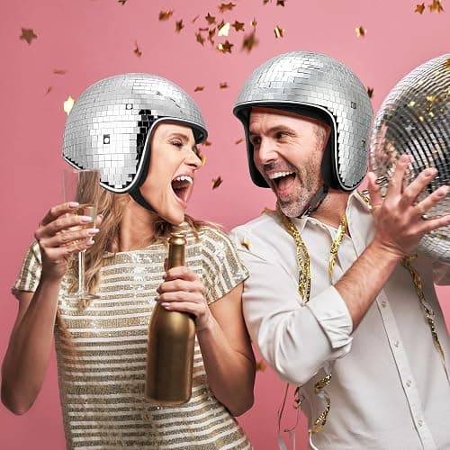 Kanayu 2 Pcs Disco Ball Helmet with Retractable Visor Glitter Mirror Glass Hat for Mardi Gras Easter Disco Ball Costume Cosplay Dj Club Novelty Favor Summer Decoration Party(Silver) thumbnail 7