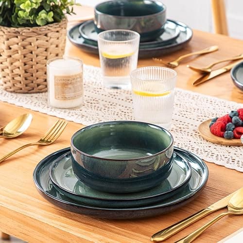 vancasso Starry 12 Pieces Dinnerware Sets for 4, Green Reactive Glaze Dishes Sets, Ceramic Plates and Bowls Set, Dinner Salad Dessert Plates, and Cereal Bowls Set, Dishwasher and Microwave Safe thumbnail 7
