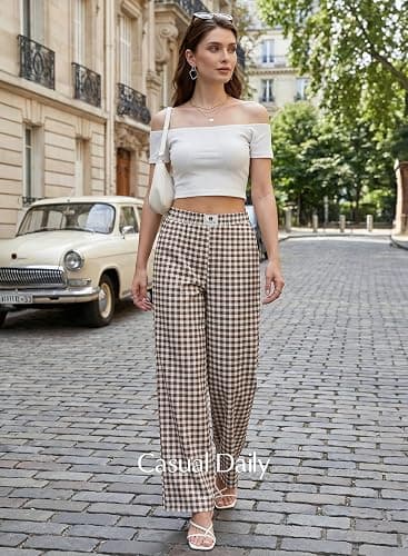 EVALESS Womens Gingham Pants High Waist Wide Leg Lounge Pants | Lightweight Comfy Fabric, Elastic Waist Side Pockets, Summer to Fall Travel Outfits thumbnail 4
