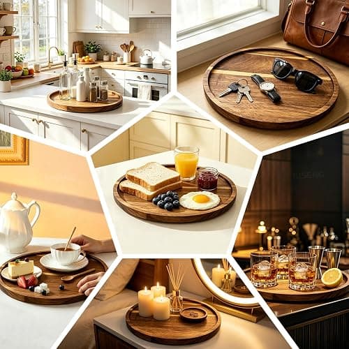 11.5" Round Acacia Wood Serving Tray | Natural Wooden Decor Food Tray for Ottoman, Couch & Coffee Table, Daily Home Use thumbnail 5