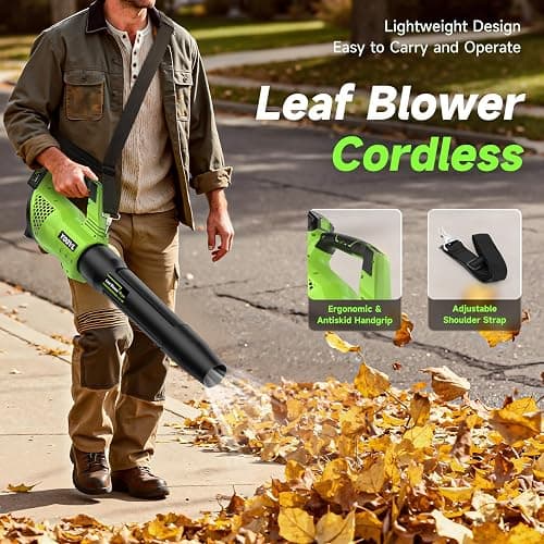 Leaf Blower Cordless, 650CFM Electric Leaf Blowers with 2 x 5.2Ah Batteries and Charger, 3 Speed Modes, 1 x Adjustable Shoulder Strap, Powerful Blowers for Lawn Care, Patio, Dust, Blowing Leaves thumbnail 5