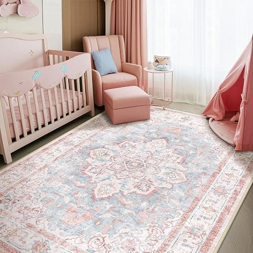 CAPALOCA Machine Washable Rugs Nursery Rug 5x7 Cute Girl Non Slip Low Pile Water Repellent Soft Print Pattern for Bedroom Indoor Decor Kids Playroom Pinkblue - Image 1