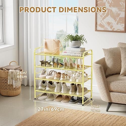 MWQ Modern Shoe Rack, 4 Tier Heavy Duty Metal Mesh Shoe Shelf 27 Inch Wide, Gold thumbnail 3
