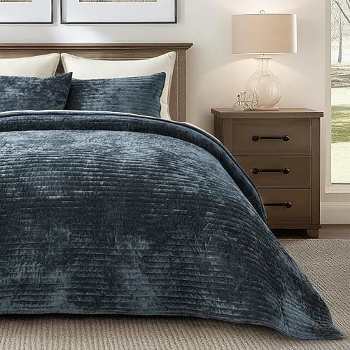 EVERGRACE Velvet Quilt Set King Size, Luxurious Soft Striped Channel Bedding Set, Lightweight Velvet Comforter for All Season, Oversized Bedspread Coverlet with 2 Matching Shams, Stormy Blue thumbnail 2