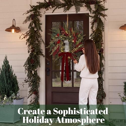 Yinder 20 Inch Christmas Wreath with LED Lights Red Berry Pinecones | 9.8ft LED String, Artificial Pine Cedar with Pinecones, For Holiday Front Door Porch Wall Fireplace Indoor Outdoor Home Decor thumbnail 5