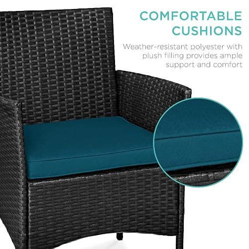 Best Choice Products 3-Piece Outdoor Wicker Conversation Bistro Set, Space Saving Patio Furniture for Garden w/Side Table - Black/Peacock thumbnail 5