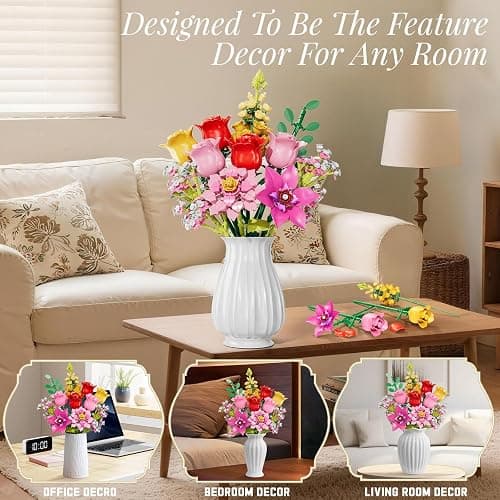 Flowers Bouquet Building Set, Pink Roses Flores Set for Adults, 765 PCS Botanical Collection Building Block Toy, Home Decor, Gifts for Valentine's Day, Birthday, Artificial Flowers for Women Kids 6+ thumbnail 4