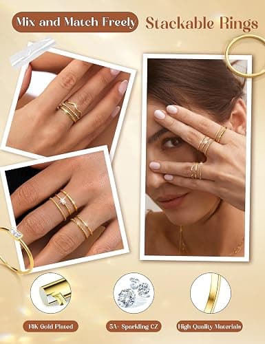 THUNARAZ 8Pcs Stackable Rings for Women Non Tarnish 14K Gold Plated Stainless Steel Dainty Rings Set Minimalist Thin Thumb Ring Cubic Zirconia Wave Statement Ring Bands for Women Size 5-10 thumbnail 3