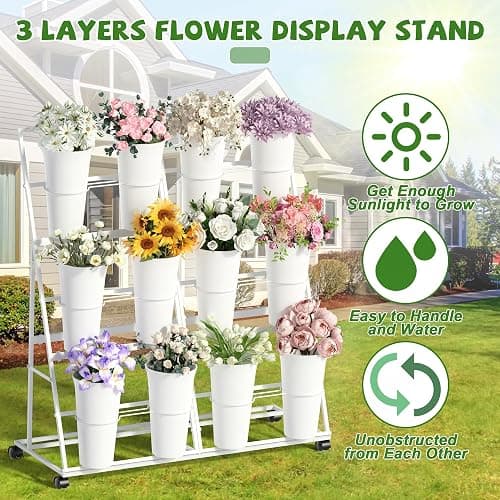 Invech Flower Display Stand with 12 Buckets and Wheels, 3 Tier Flower Cart Display Stand for Indoor Outdoor Garden, Wedding, Flower Shop (White) thumbnail 4